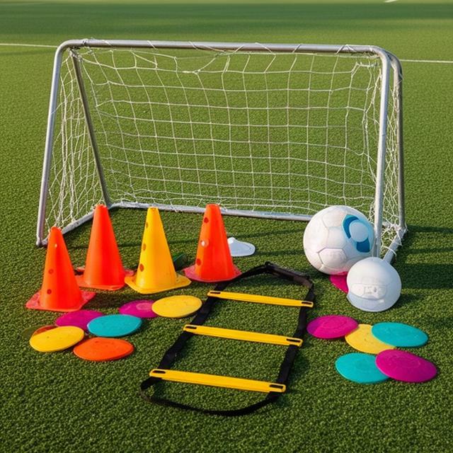 Material de entrenamiento colocado junto a una portería pequeña en una academia de fútbol